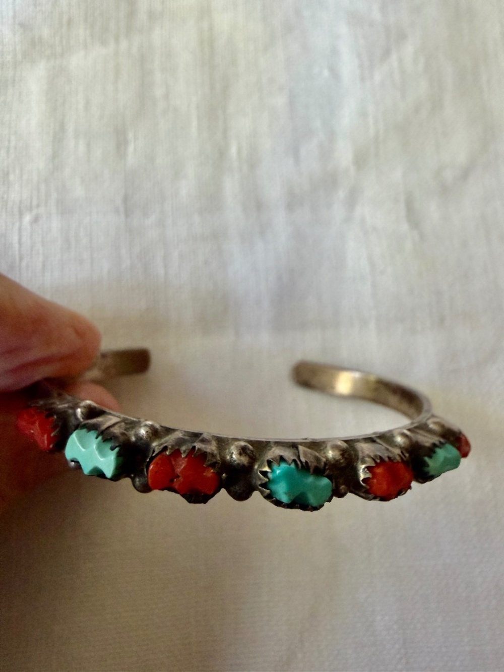 Native American Sterling Turquoise & Red Coral Cuff Bracelet - Vintage